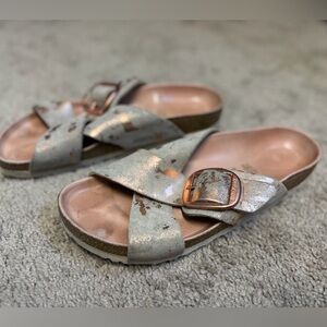 Metallic Rose Gold Cross-Strap Slide Sandals